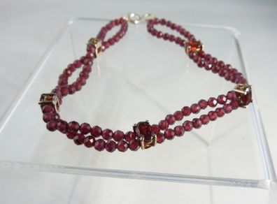 Double Strand Faceted Garnet Bead Bracelet, 925 Silver Clasp, 7in/18cm
