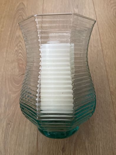 Large 8.5" tall flarred scalloped Aqua Glass Candle Holder or Vase with LED Candle