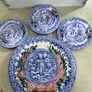 Vintage French Majolica Putti pottery plate, Barbotine, cherubs, musical, musicians, angles, pre loved, hanging, glass glazed, floral, round. --large plate  40.00 euro 27CM. diamter. -- small one 20.00 euro each . 14.5 CM. diamter    all set of 4 for  90. Image 2