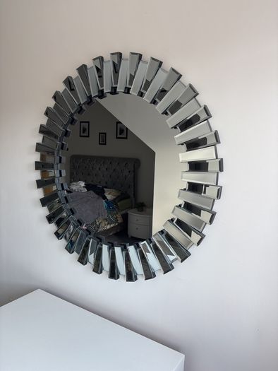 : Round Sunburst Starburst Wall Mirror - Smoked Grey Silver - 80cm