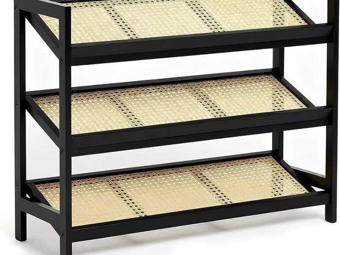 3 Tier Bamboo and Rattan Shoe Organiser Rack  Eco Friendly, Durable, Easy Assembly Compact Design for Entryway, Closet, or Hallway  Stylish and Functional Storage Black and Natural