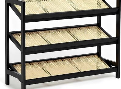 3 Tier Bamboo and Rattan Shoe Organiser Rack  Eco Friendly, Durable, Easy Assembly Compact Design for Entryway, Closet, or Hallway  Stylish and Functional Storage Black and Natural