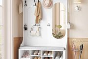 5-in-1 Coat Rack with Bench, Shoe Storage &amp; Mirror  White
