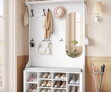 5-in-1 Coat Rack with Bench, Shoe Storage & Mirror  White