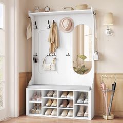 5-in-1 Coat Rack with Bench, Shoe Storage & Mirror  White