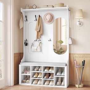 5-in-1 Coat Rack with Bench, Shoe Storage & Mirror  White