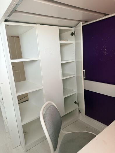 Loft bed frame with desk, chair and storage