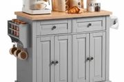 Kitchen Island Cart with Storage, 1110 mm Wide Mobile Rolling Storage Island on Swivel Wheels, with 2 Drawers, Storage Cabinet, Spice/Towel Rack, Hooks, Table for Home Dining Room, Gray