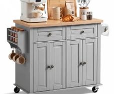 Kitchen Island Cart with Storage, 1110 mm Wide Mobile Rolling Storage Island on Swivel Wheels, with 2 Drawers, Storage Cabinet, Spice/Towel Rack, Hooks, Table for Home Dining Room, Gray