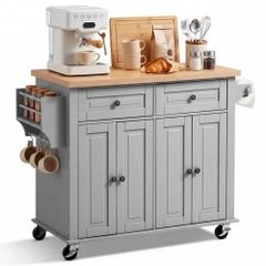 Kitchen Island Cart with Storage, 1110 mm Wide Mobile Rolling Storage Island on Swivel Wheels, with 2 Drawers, Storage Cabinet, Spice/Towel Rack, Hooks, Table for Home Dining Room, Gray