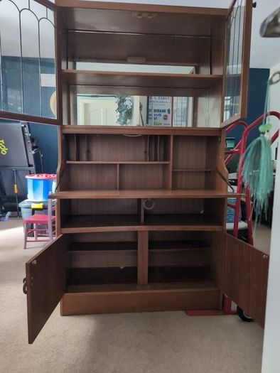 vintage mid-century style wooden tallboy display unit