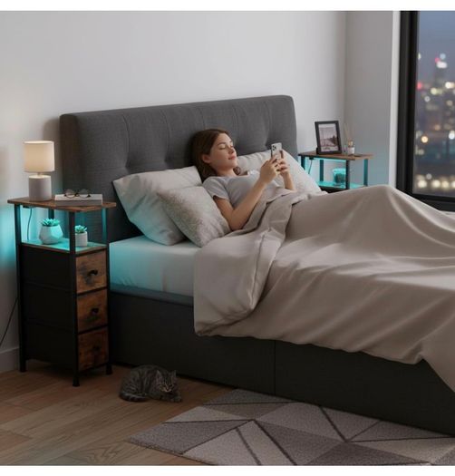 Narrow Bedside Table Set of 2, Slim Side Table for Bedroom Bed Side Table Living Room with Charging Station, Sofa Table with 3 Fabric Drawers, Small Nightstand with LED Lights, Brown