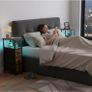 Narrow Bedside Table Set of 2, Slim Side Table for Bedroom Bed Side Table Living Room with Charging Station, Sofa Table with 3 Fabric Drawers, Small Nightstand with LED Lights, Brown Image 2