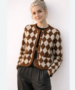 Fab Zara Bloggers Insta Famous Brown and Cream Jacquard Heavy Knit Cardigan