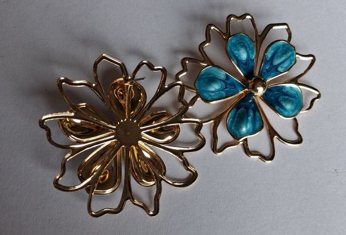 Gold & Teal Sakura Blossom Floral Statement Earrings