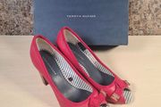 Womens Tommy Hilfiger Caitlyn Red Leather Shoes Open Peep Toe Heels Slip On Boxed Spring 2012 Size Uk 5 Eu 38