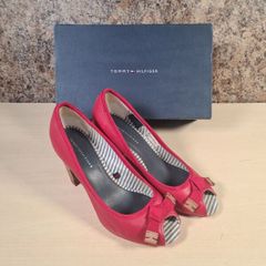 Womens Tommy Hilfiger Caitlyn Red Leather Shoes Open Peep Toe Heels Slip On Boxed Spring 2012 Size Uk 5 Eu 38