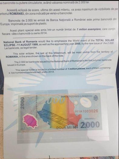 ROMANIA 2000 Lei 1999 P-111  UNC 001A  First Prefix Polymer
