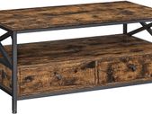 Coffee table, living room table, coffee table, for living room, with drawers, X-shaped struts, open compartment, industrial design, vintage brown-black