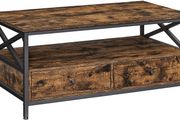 Coffee table, living room table, coffee table, for living room, with drawers, X-shaped struts, open compartment, industrial design, vintage brown-black