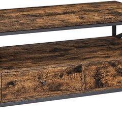 Coffee table, living room table, coffee table, for living room, with drawers, X-shaped struts, open compartment, industrial design, vintage brown-black