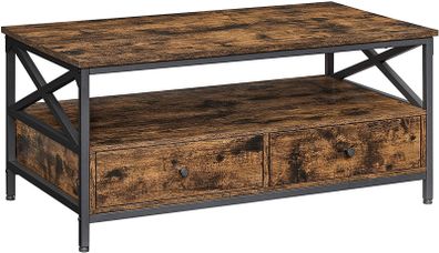 Coffee table, living room table, coffee table, for living room, with drawers, X-shaped struts, open compartment, industrial design, vintage brown-black