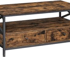 _Coffee table, living room table, coffee table, for living room, with drawers, X-shaped struts, open compartment, industrial design, vintage brown-black