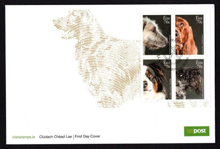 2016 Ireland Dogs: Irish Wolfhound, Irish red Setter, Sheepdog, Kerry Blue Commemorative Stamps Miniature Sheet An Post First Day Cover (FDC)