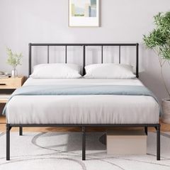 Double Bed Frame with Headboard 4ft6 135 x 190 cm 14 Height Metal Bed Base with Steel Slat Support  Storage Space Underneath - Modern Design - Easy Assembly - Black