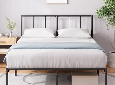 Double Bed Frame with Headboard 4ft6 135 x 190 cm 14 Height Metal Bed Base with Steel Slat Support  Storage Space Underneath - Modern Design - Easy Assembly - Black