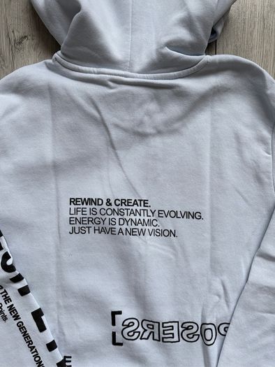 Bershka Ice Blue / White Graphic Print Hoodie - Size XS