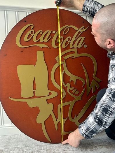 Rare 110cm Coca-Cola Tavern Double Sided Wood Swing Sign 3D Metal Relief 1970s