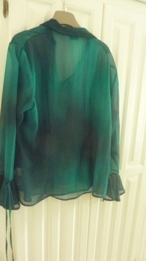 Green sheer blouse with tie-cuff detail