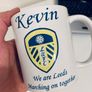 Leeds United F.C. Personalised Mug. Unique Customised Present. White Ceramic Cup with Club Badge, Name & Marching On Together Image 4