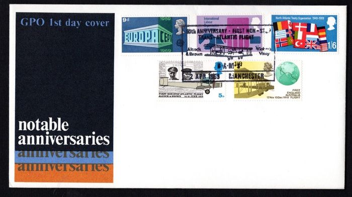 1969 Great Britain Anniversaries/ Events Inc Nato, International Labour Organisation, NATO & First Flight Commemorative Stamps Royal Mail Addressed First Day Cover (FDC)