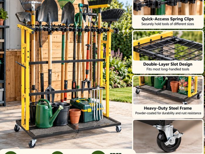 Heavy Duty Garden Tool Organiser with Wheels  Mobile Steel Storage Rack for Rakes, Shovels & Long Handled Tools