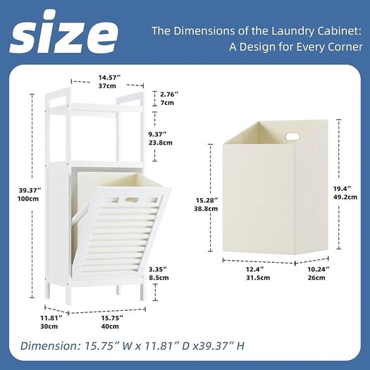 Bamboo Tilt Out Hamper, Bathroom Laundry Cabinet with Hidden Foldable Basket, Freestanding Clothes Storage Organizer with Storage Shelf, White