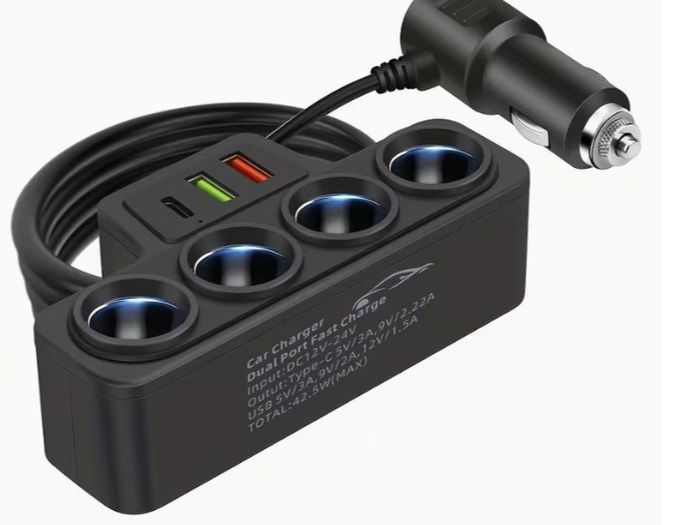 7-In-1 Multi-Function Car Charger Extendable to Rear Seats Features Type-C And Dual USB Ports Four Expansion Ports Wide Compatibility, Without Battery