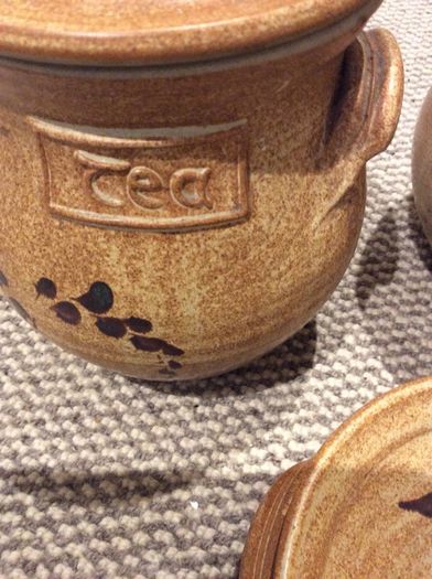 OFFERS WELCOME PLEASE -Ballydougan Stoneware Pottery - 4 Pieces . Biscuit ( Old Irish writing) Sugar and Tea lidded Jars and a shallow bowl shaped dish for biscuits