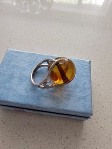 Vintage Amber Marble Spherical Silver Ring