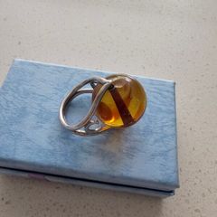 Vintage Amber Marble Spherical Silver Ring