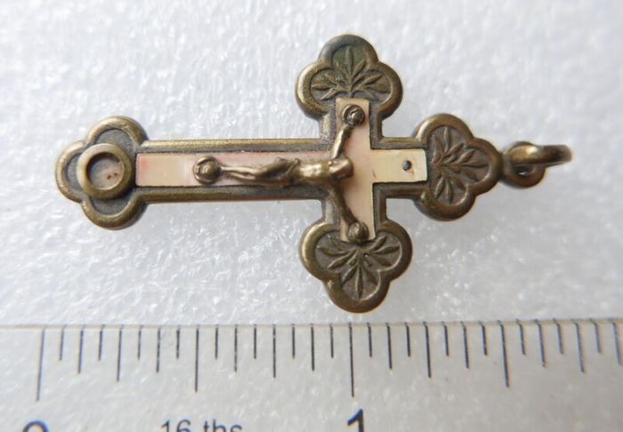 Antique Crucifix Reliquary Pendant Brass and Mother of Pearl Crucifix Pendant