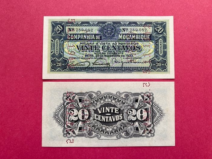 Mozambique  20 Centavos  1933    ( UNCIRCULATED  )  Perforated Date  5 / 11 / 1942