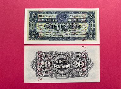 Mozambique  20 Centavos  1933    ( UNCIRCULATED  )  Perforated Date  5 / 11 / 1942