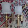 Antique French 20th century brass and 6 opaline glass Chandelier, plus two wall lights, 1970s Image 6