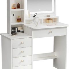 Dressing Table with LED Mirror and Adjustable Lights, 90cm White Vanity Desk