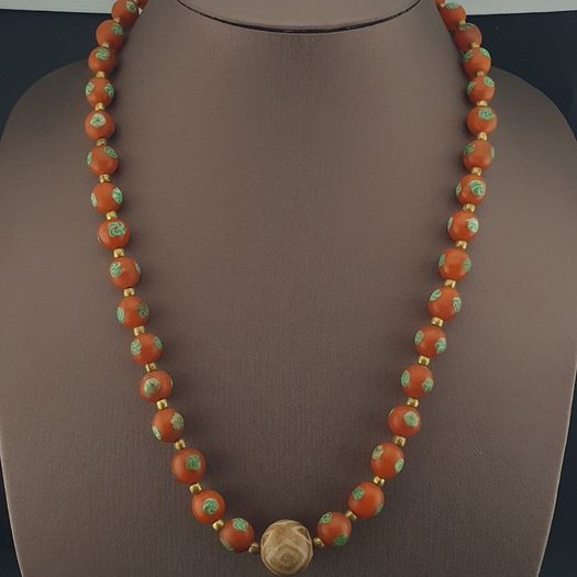 Vintage Venetian Style Orange Floral Glass With pumtek pyu Pendant Necklace