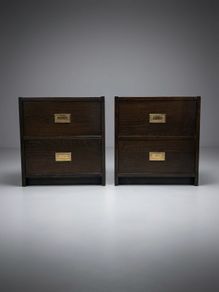 Pair of 1970s Campaign Style Bedside Cabinets with Brass Pulls
