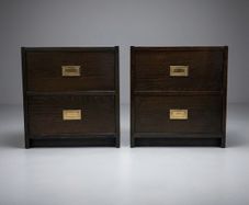 Pair of 1970s Campaign Style Bedside Cabinets with Brass Pulls
