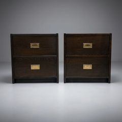 Pair of 1970s Campaign Style Bedside Cabinets with Brass Pulls